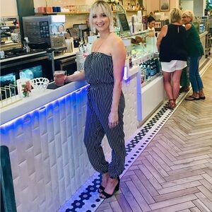 Strapless tube top black white striped jumpsuit with tie around waist